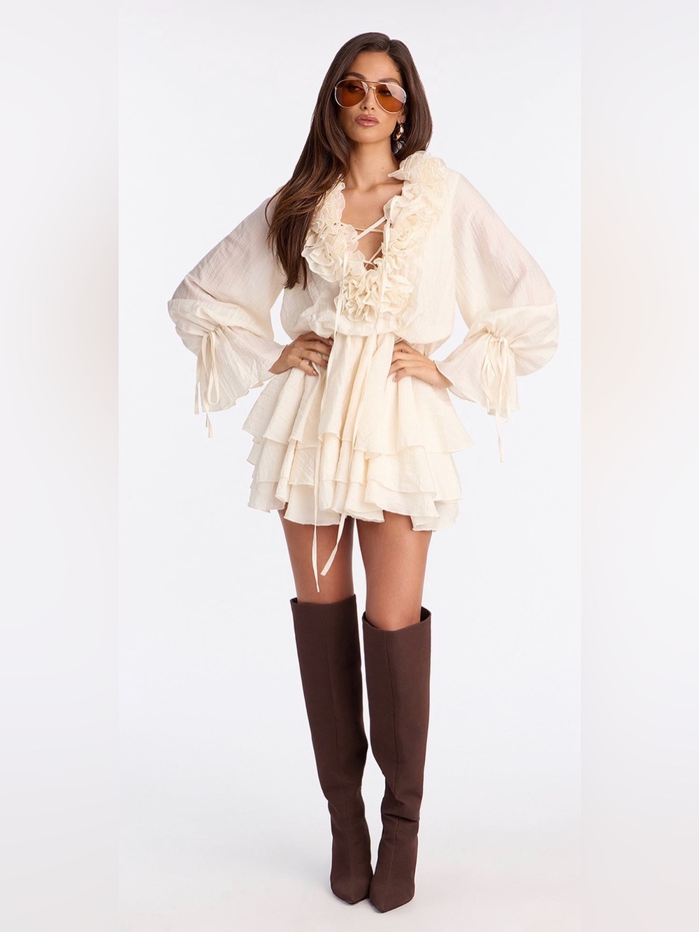 Fashion Nova Cream Ruffled Tiered Mini Dress